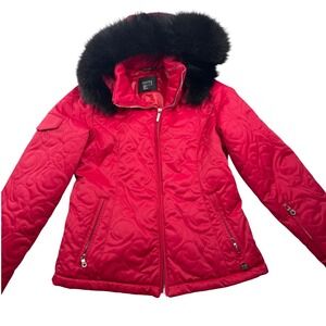 NILS Womens 10 Luxury Quilted Ski Jacket Red Faux Fur Hood Insulated Winter